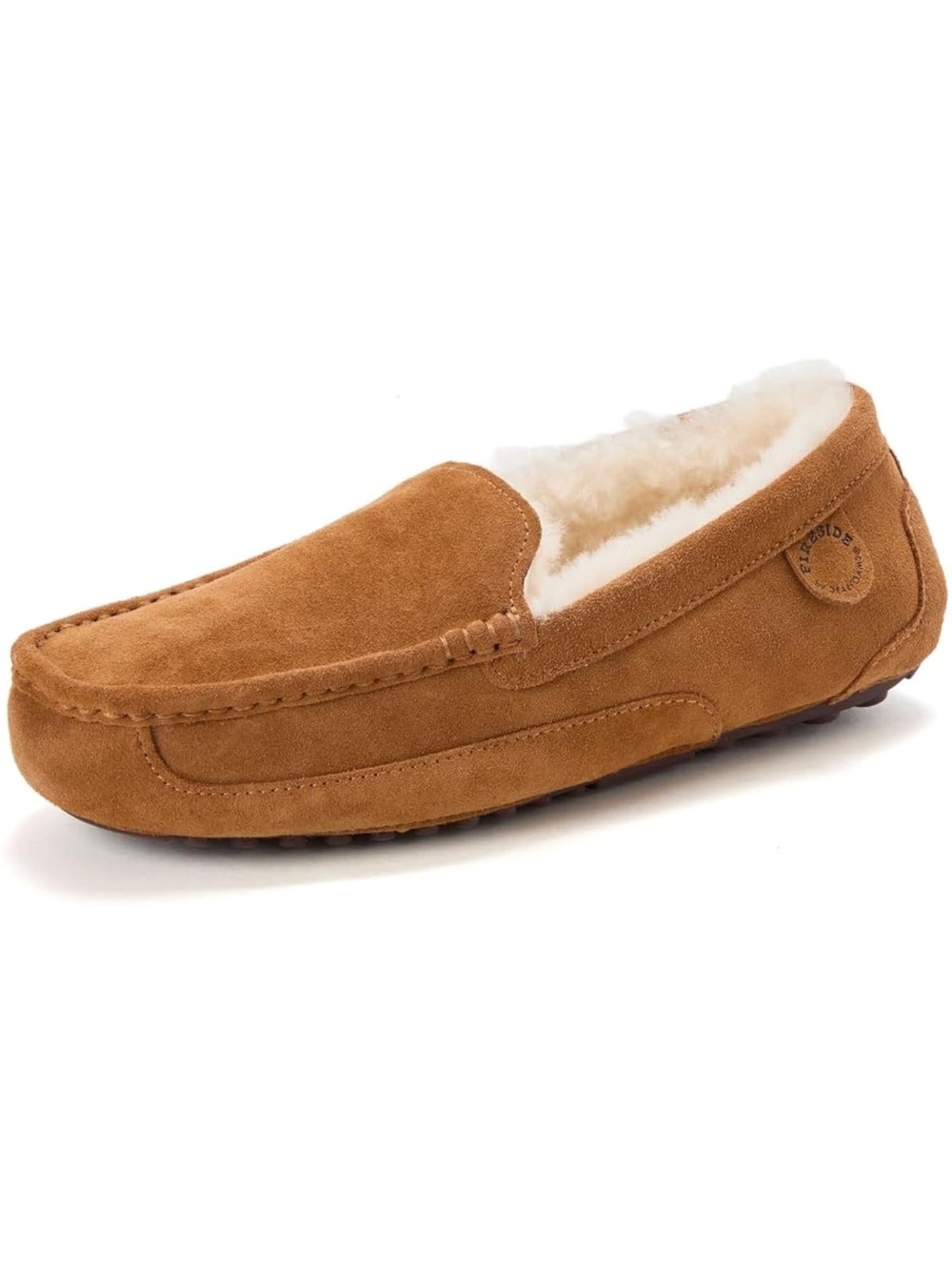 Fireside Men's Suede Shearling Lined Moccasin Slippers - Tan